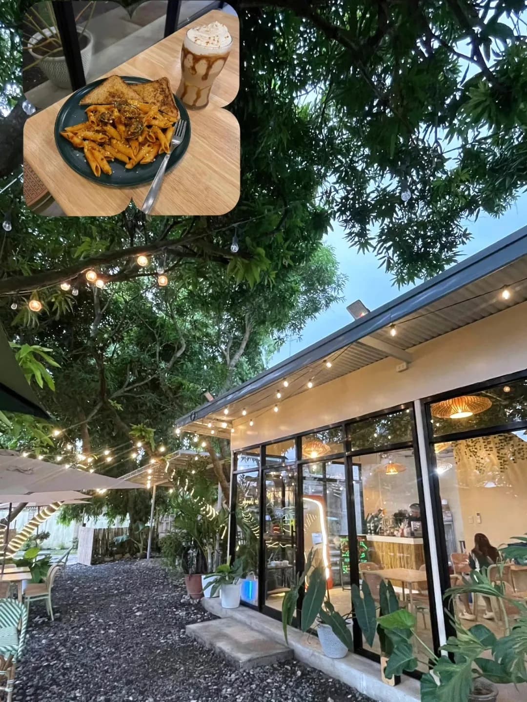 Warm, plant-filled seating at La Veranda Cafe